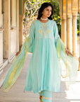 Pastel Blue Poppy Motif Boota A-line Kurta Set