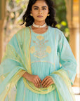 Pastel Blue Poppy Motif Boota A-line Kurta Set