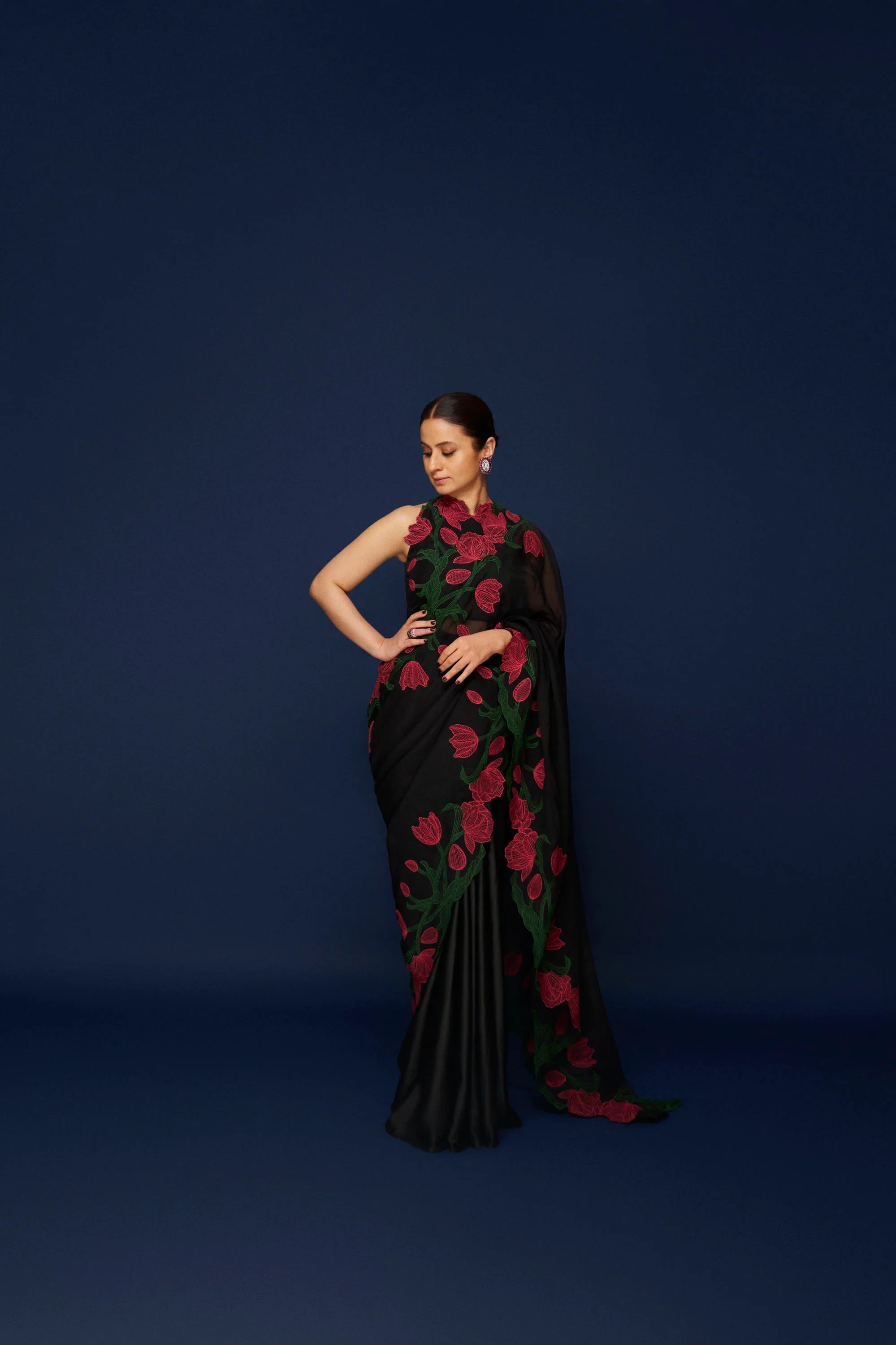 Wild Tulip Pre-Stitched Saree Set In Black with Pink &amp; Green Tulip Embroidery