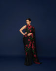 Wild Tulip Pre-Stitched Saree Set In Black with Pink & Green Tulip Embroidery