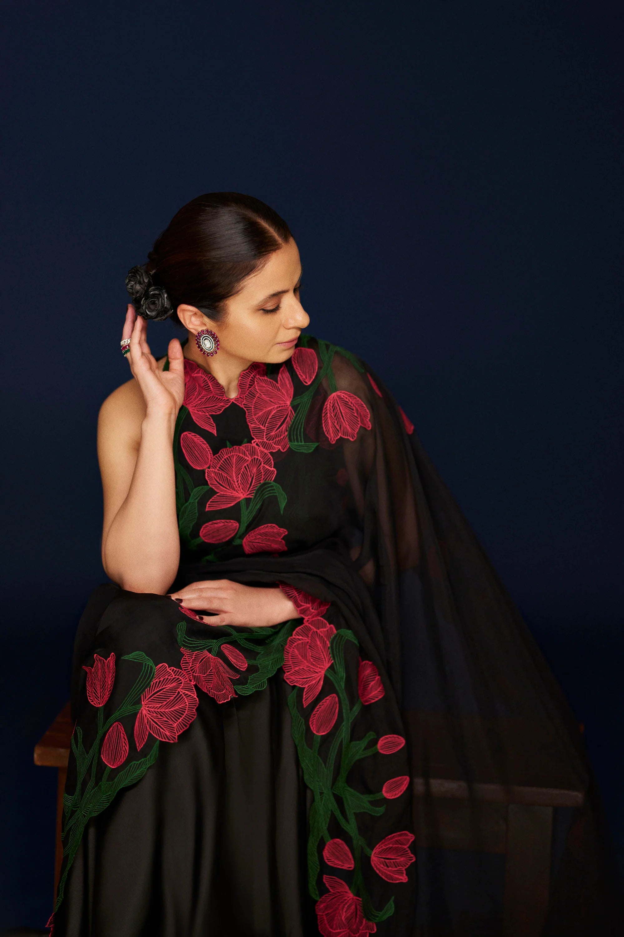 Wild Tulip Pre-Stitched Saree Set In Black with Pink &amp; Green Tulip Embroidery