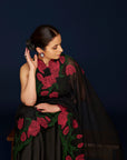 Wild Tulip Pre-Stitched Saree Set In Black with Pink & Green Tulip Embroidery