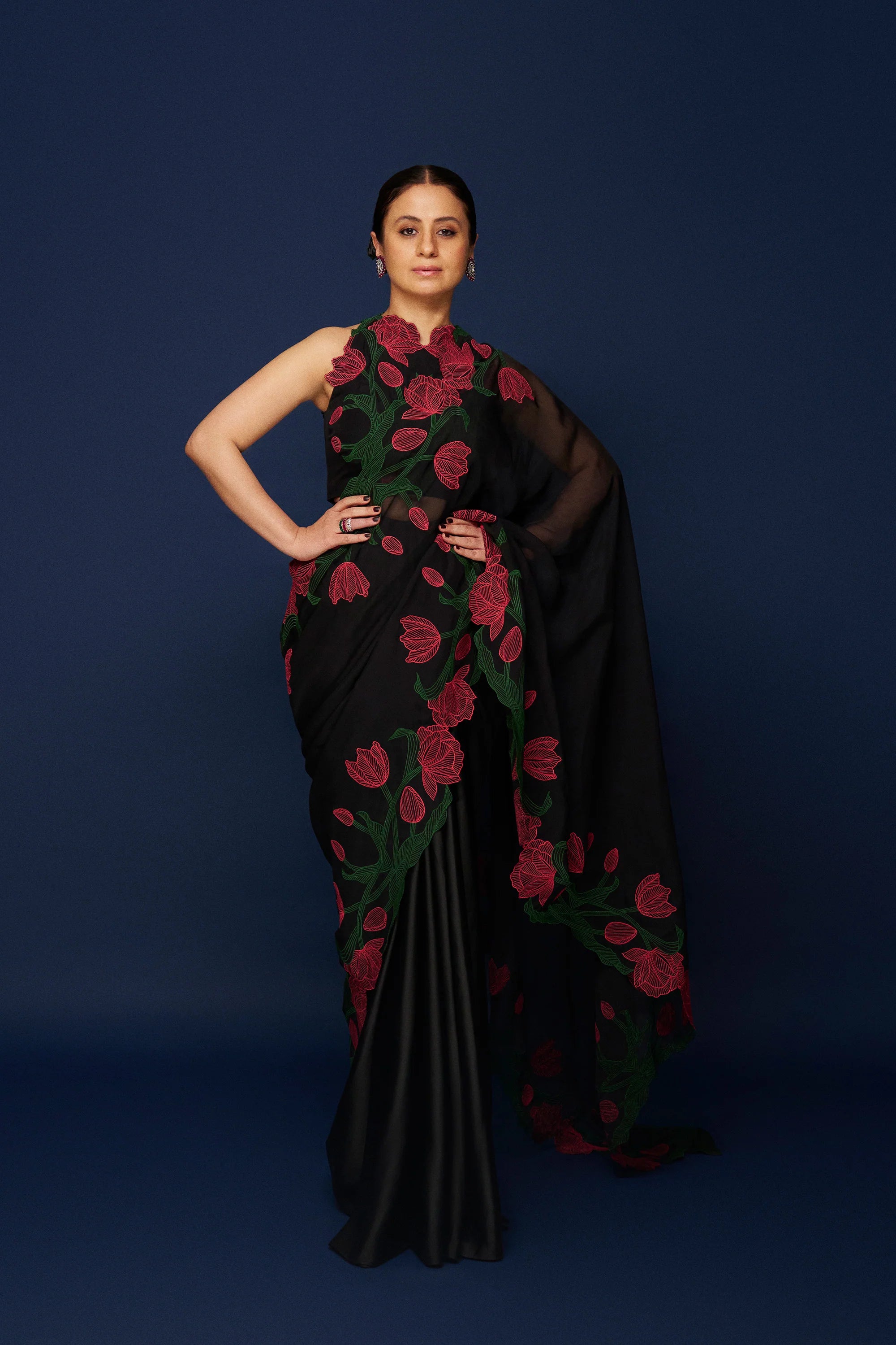 Wild Tulip Pre-Stitched Saree Set In Black with Pink &amp; Green Tulip Embroidery
