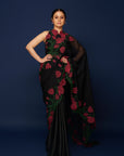 Wild Tulip Pre-Stitched Saree Set In Black with Pink & Green Tulip Embroidery