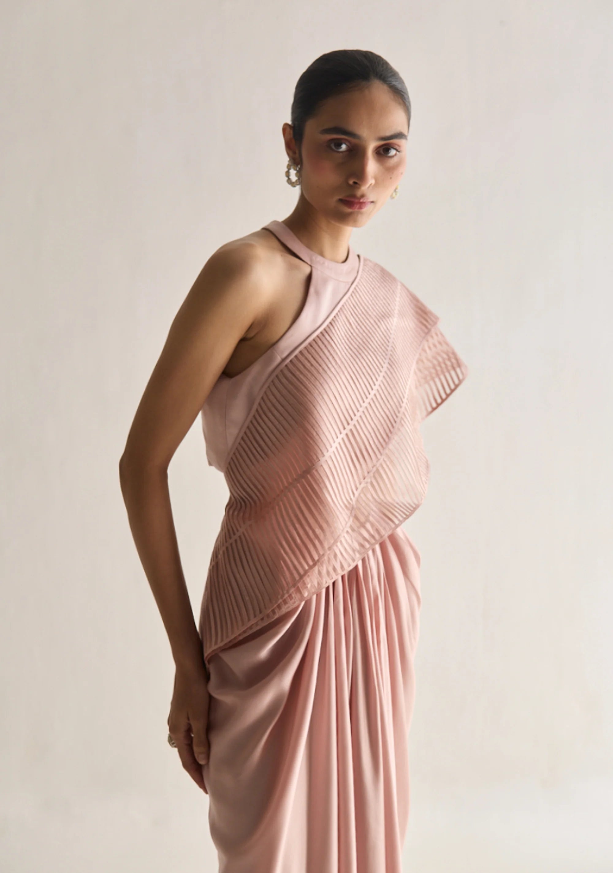 Layered Wave Pre Stitched Saree Rose Gold