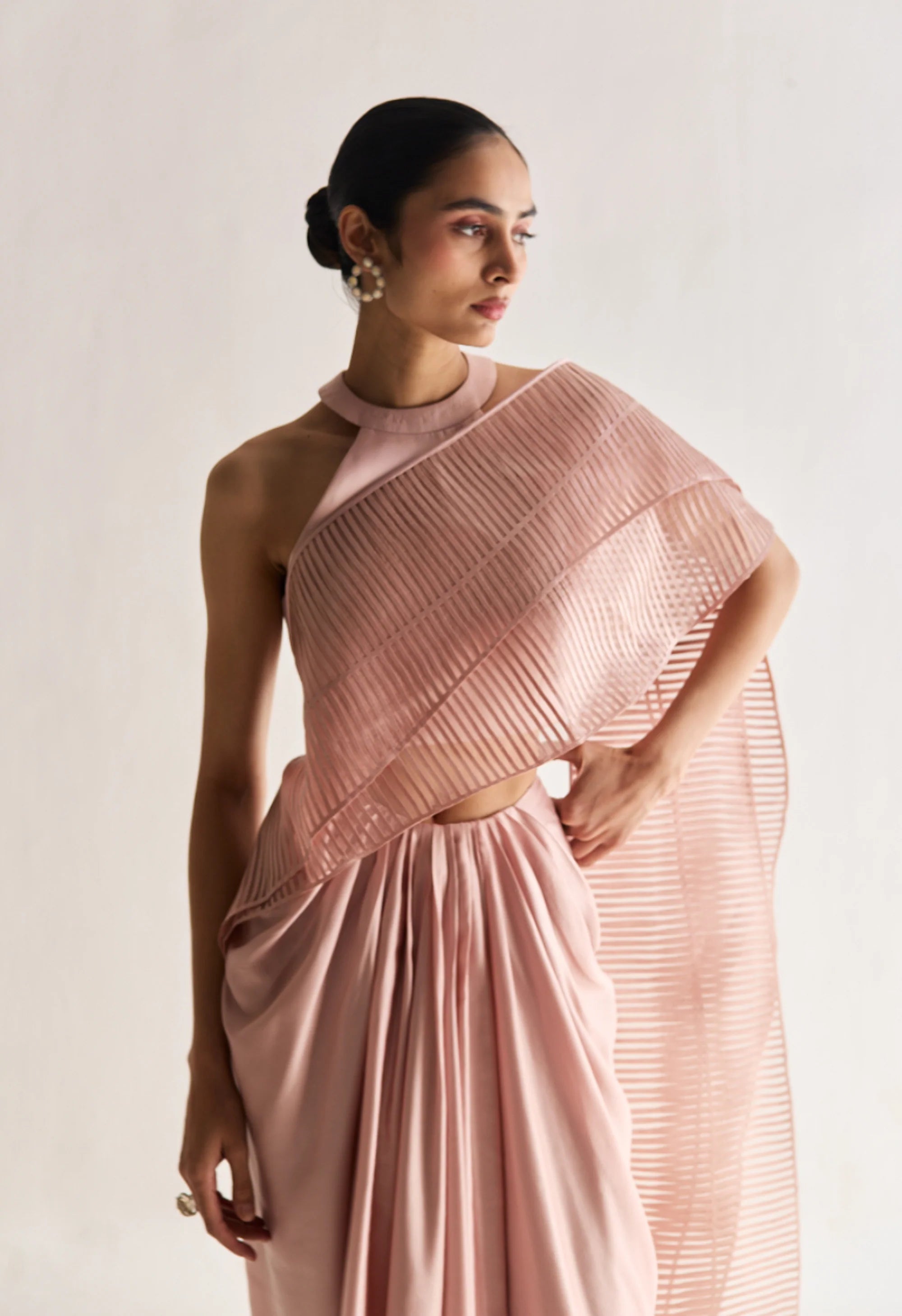 Layered Wave Pre Stitched Saree Rose Gold