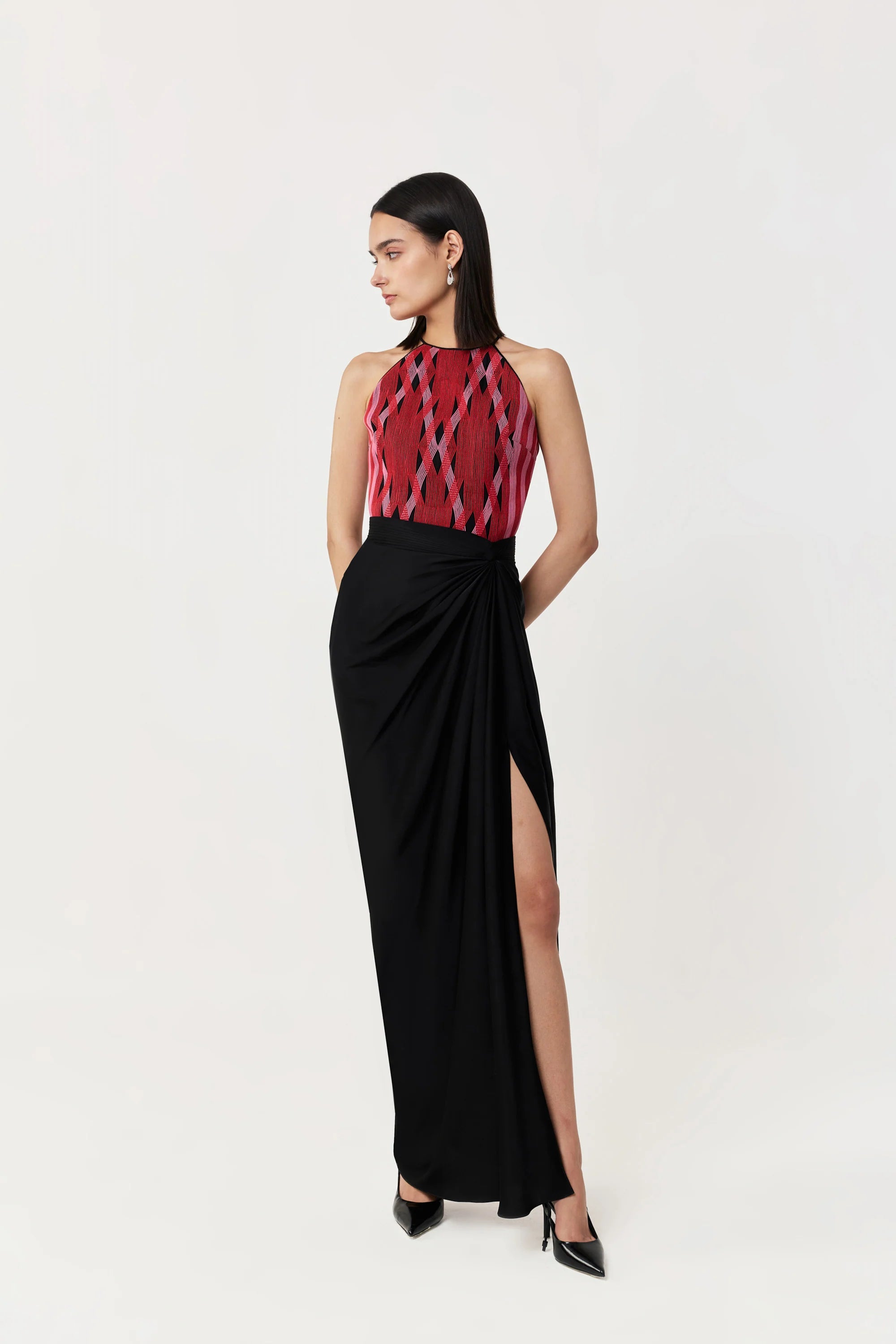 Entwined Corded Halter Top Skirt Set In Black &amp; Red