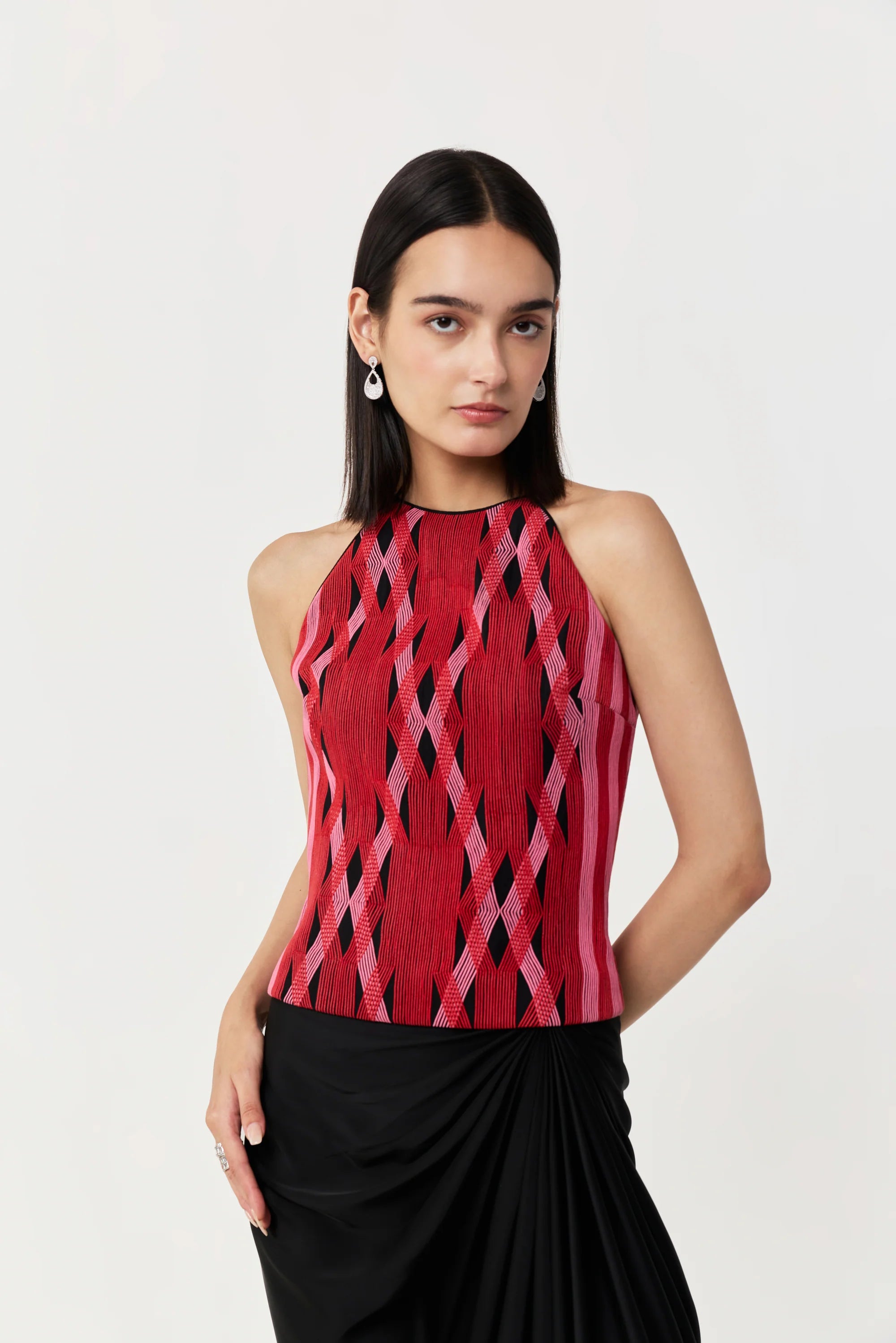 Entwined Corded Halter Top Skirt Set In Black &amp; Red