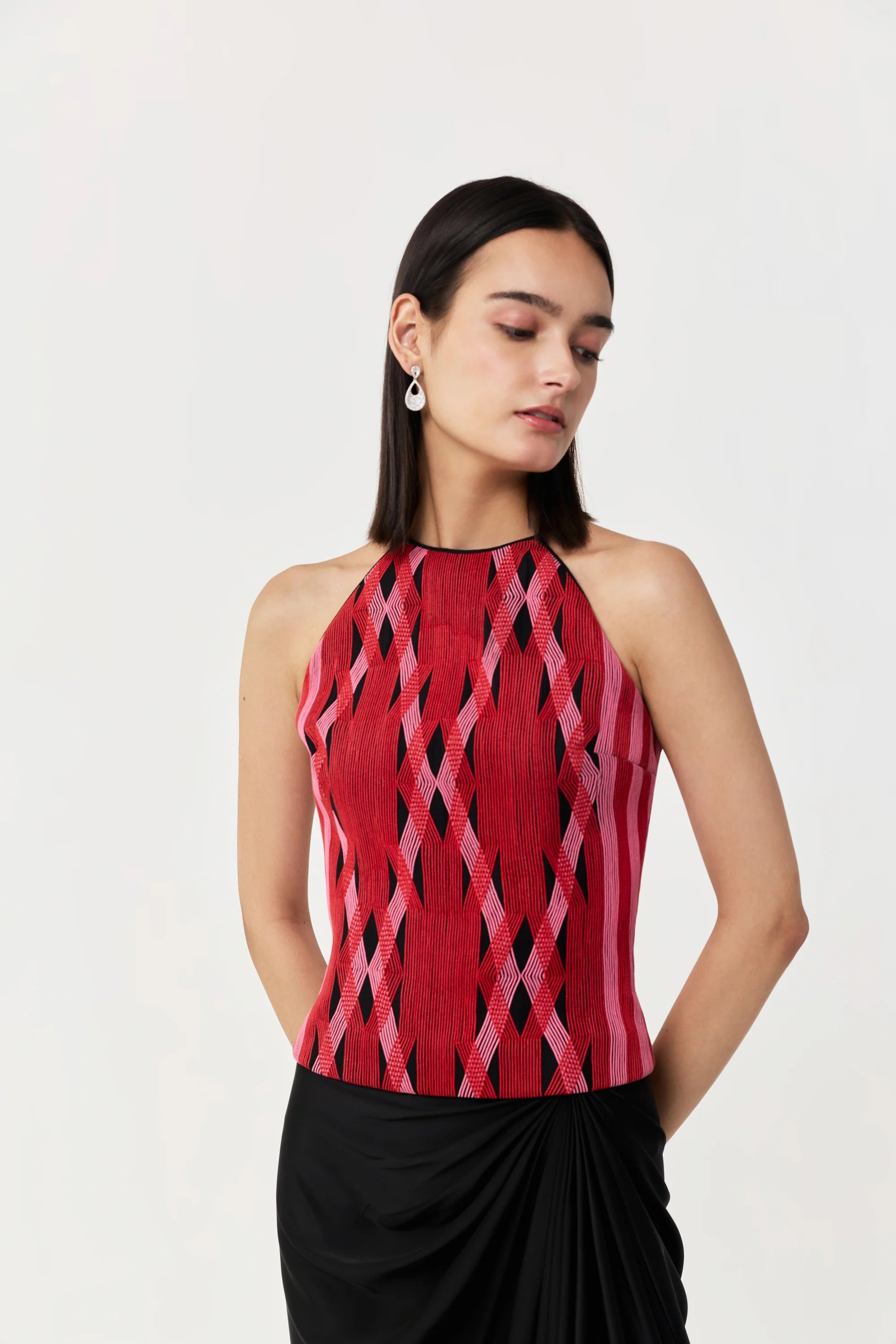 Entwined Corded Halter Top Skirt Set In Black &amp; Red