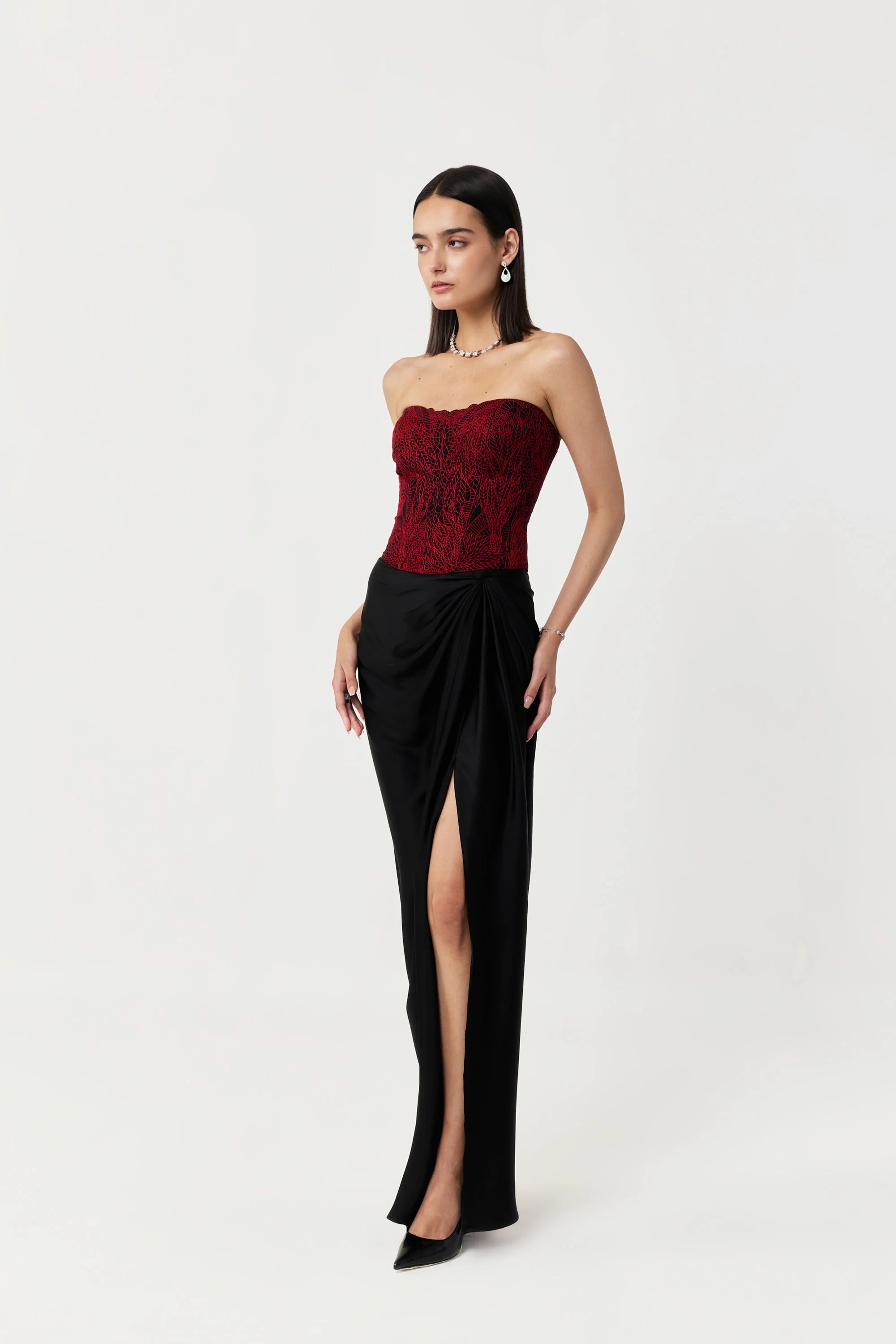 Moss Forest Embroidered Corset Set- Black &amp; Red