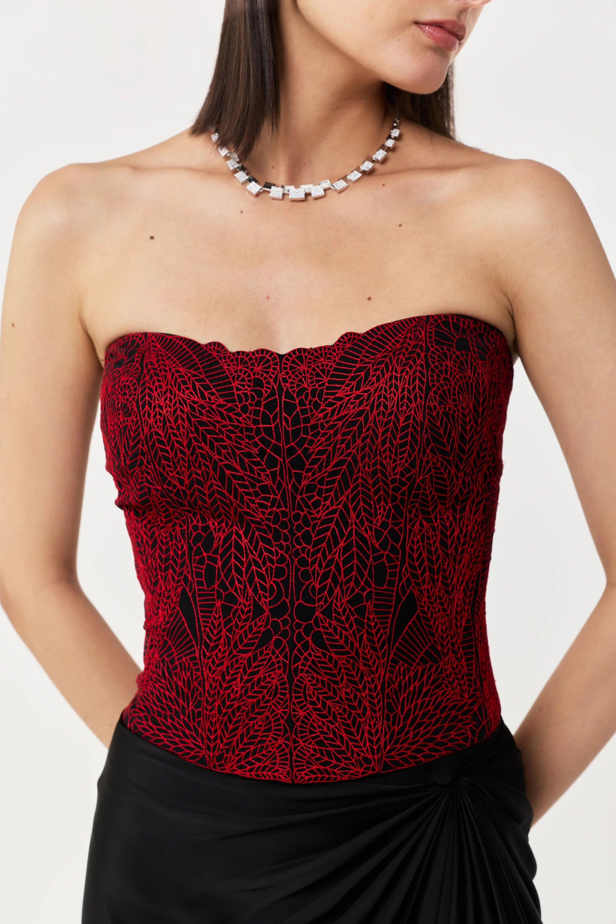 Moss Forest Embroidered Corset Set- Black &amp; Red