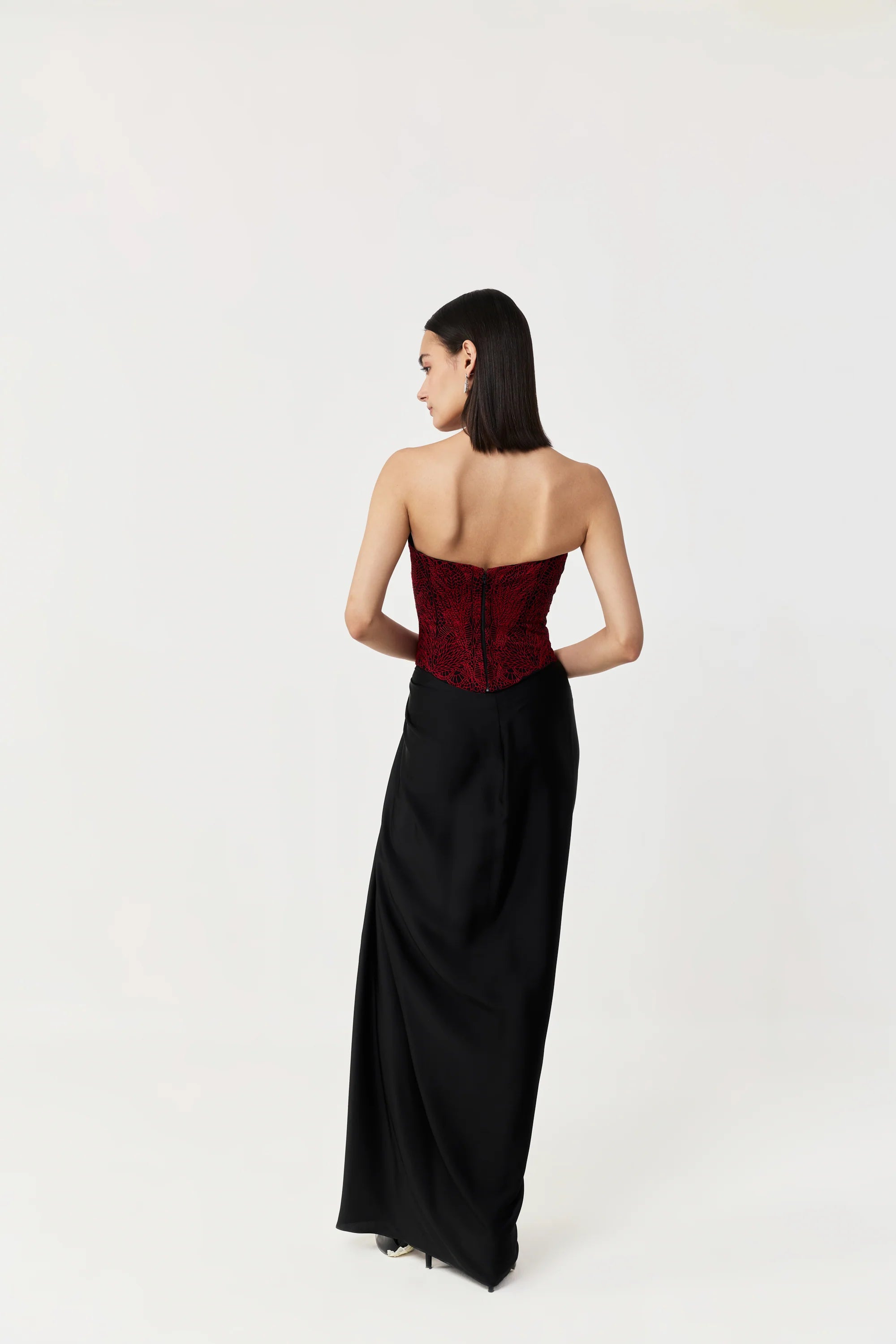Moss Forest Embroidered Corset Set- Black &amp; Red