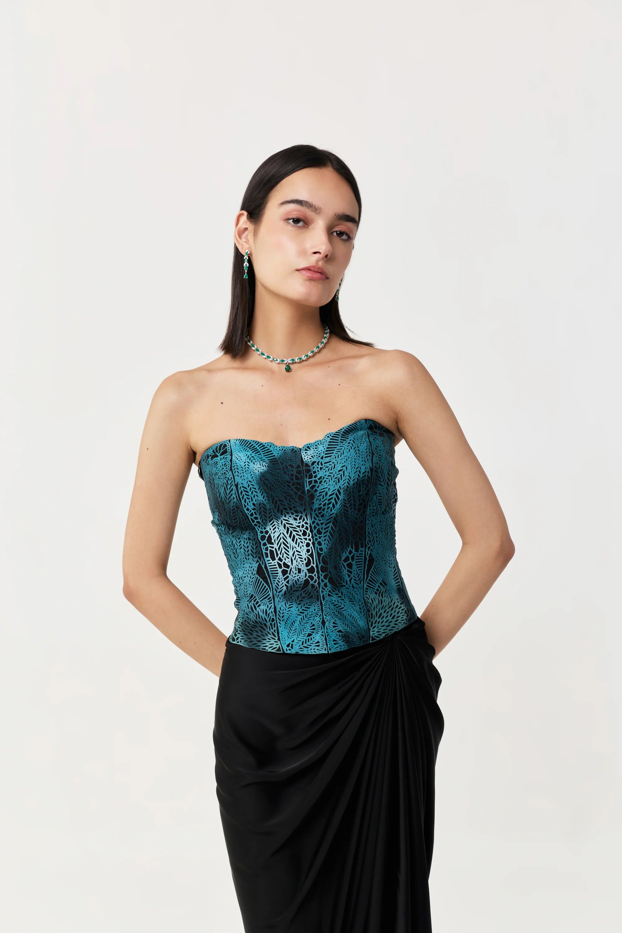 Moss Forest Applique Corset Set- Emerald Teal