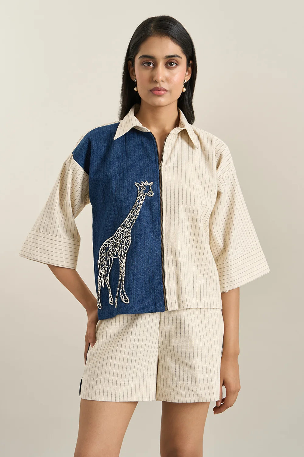 Beige Stripe Denim Herringbone Jacket