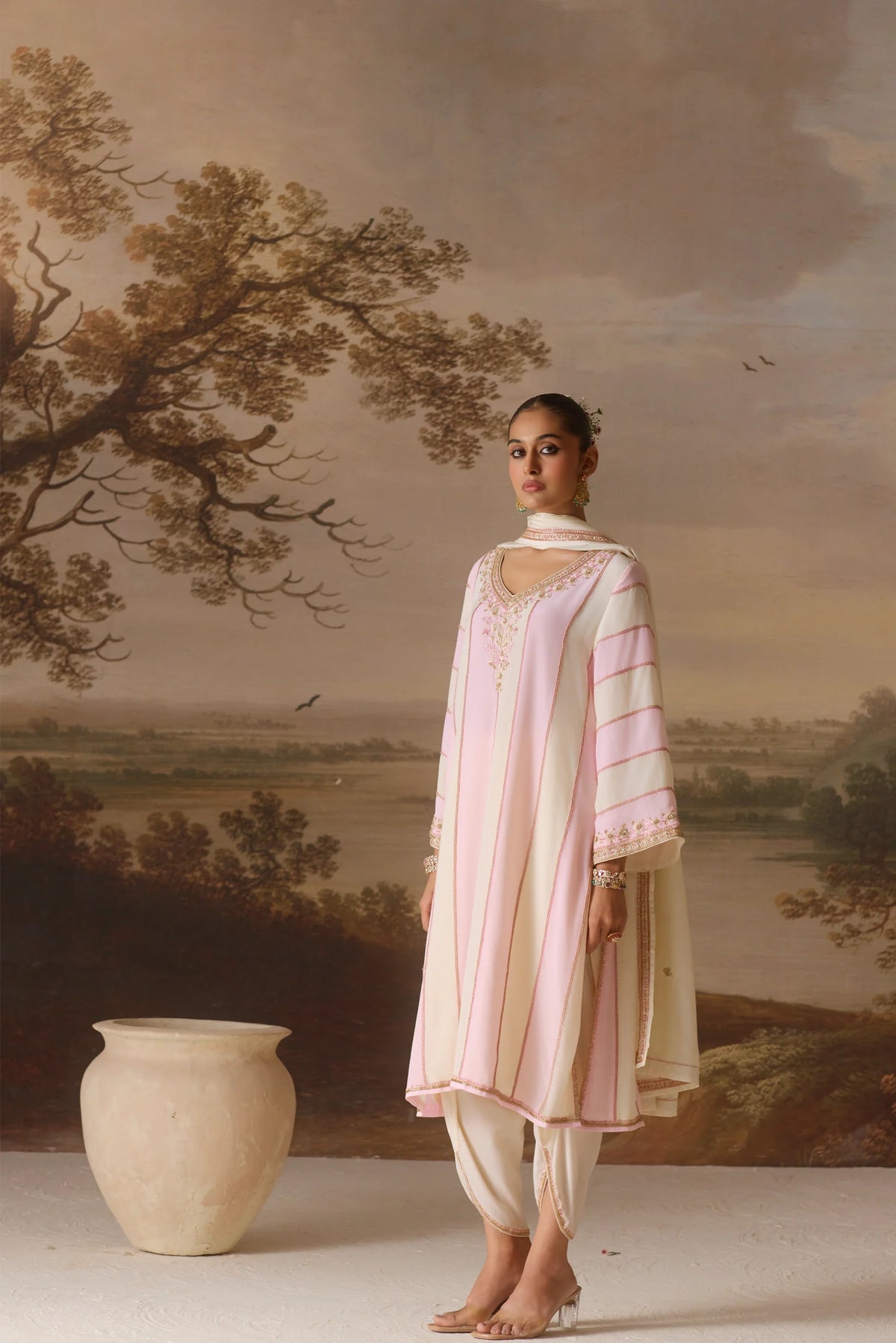 Powder Pink Panelled Kurta Set