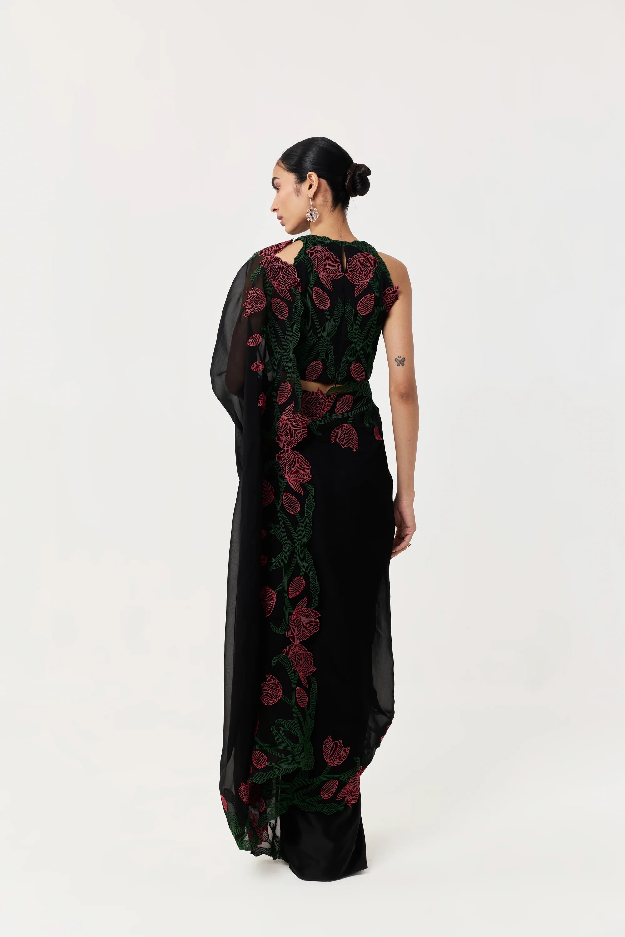 Wild Tulip Pre-Stitched Saree Set In Black with Pink &amp; Green Tulip Embroidery