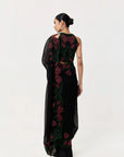 Wild Tulip Pre-Stitched Saree Set In Black with Pink & Green Tulip Embroidery
