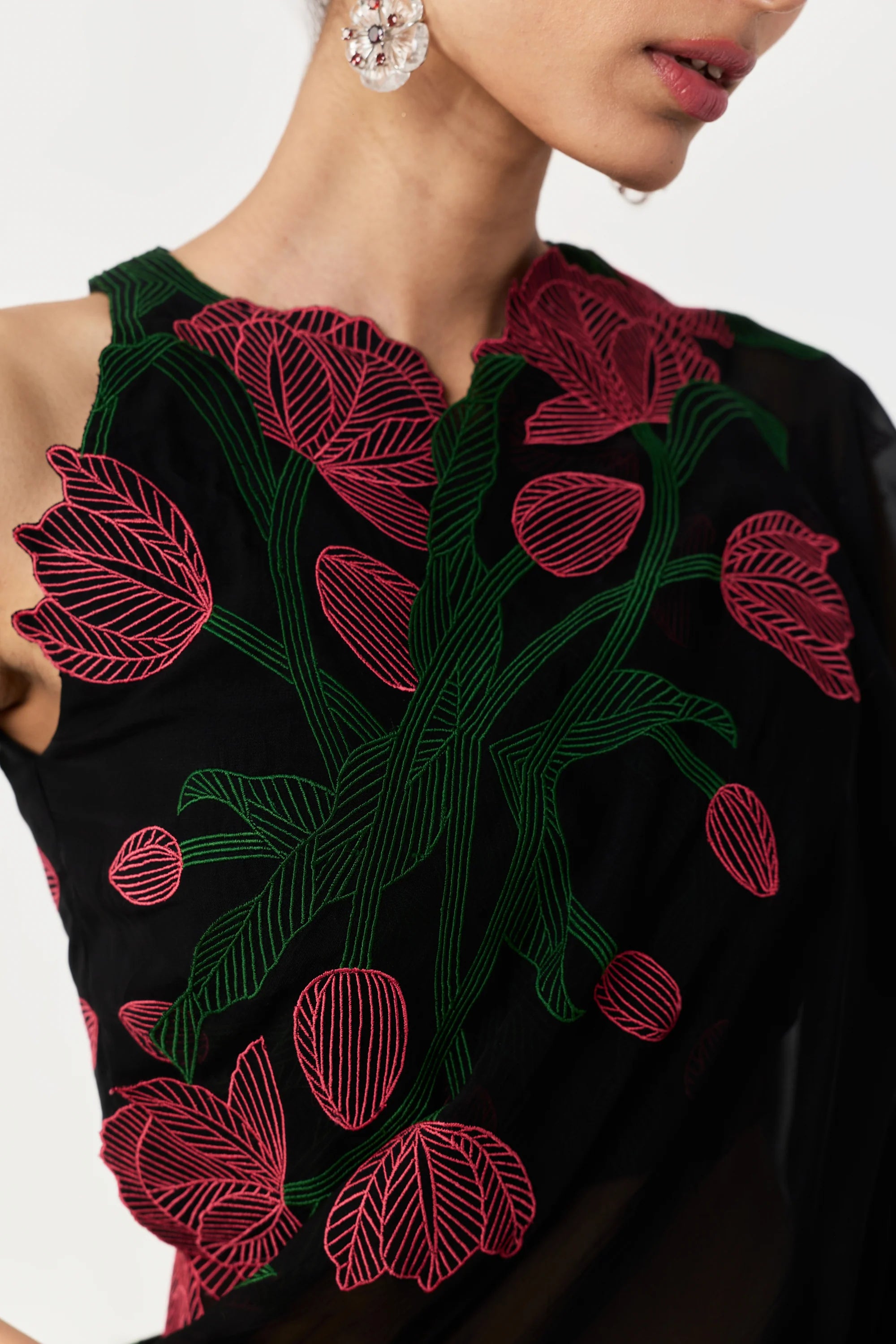 Wild Tulip Pre-Stitched Saree Set In Black with Pink &amp; Green Tulip Embroidery