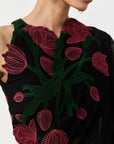 Wild Tulip Pre-Stitched Saree Set In Black with Pink & Green Tulip Embroidery