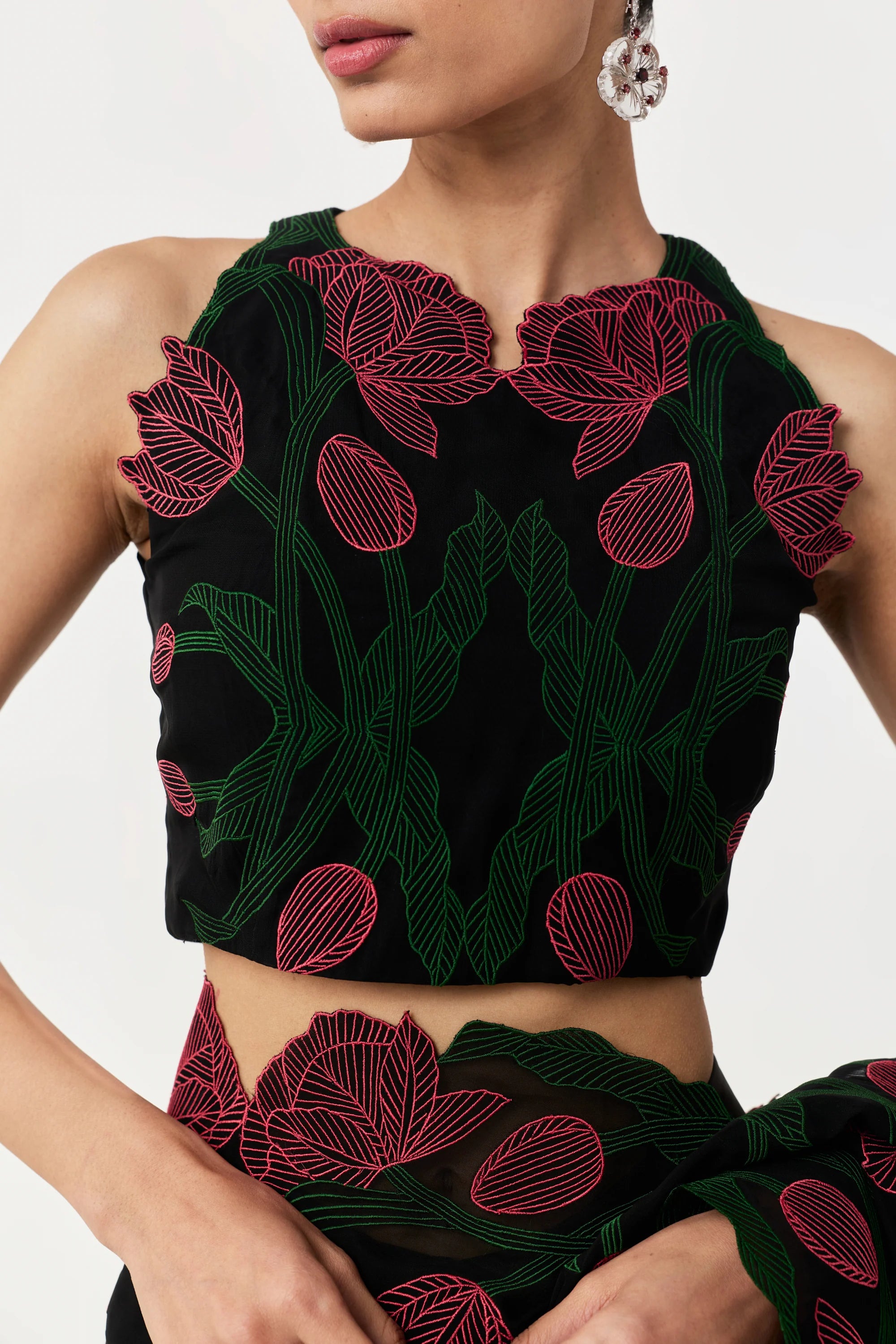 Wild Tulip Pre-Stitched Saree Set In Black with Pink &amp; Green Tulip Embroidery