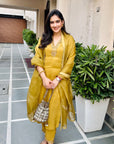 ANISHA SETHI IN SUHANI MUSTARD TISSUE HANDCRAFTED KURTA SET