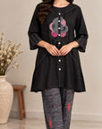Beadwork Top With Pants In Black