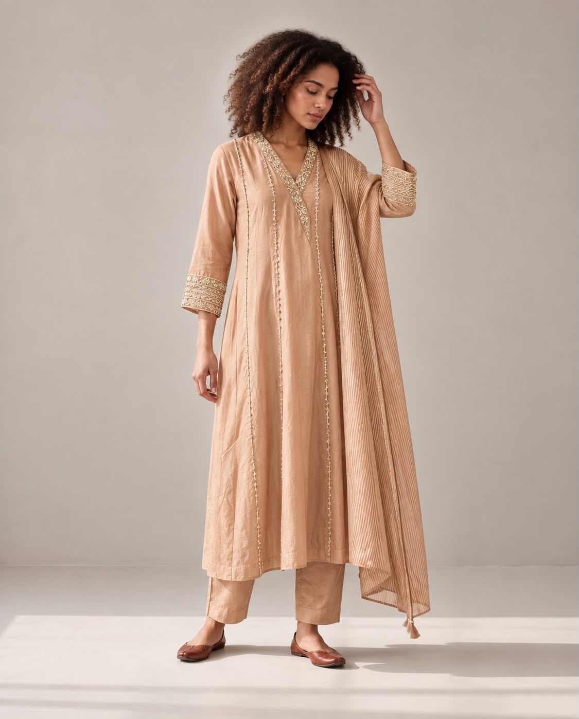 Beige Zari Kurta Set