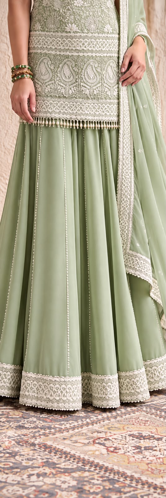 Pista Green Lucknowi Noodle Strap Kurta With Sharara