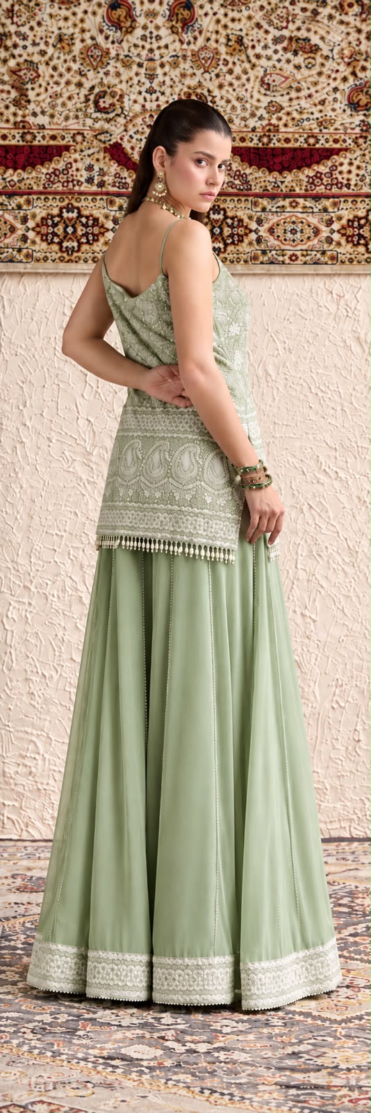 Pista Green Lucknowi Noodle Strap Kurta With Sharara