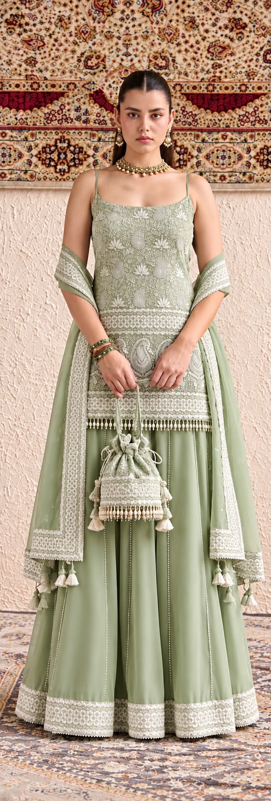 Pista Green Lucknowi Noodle Strap Kurta With Sharara