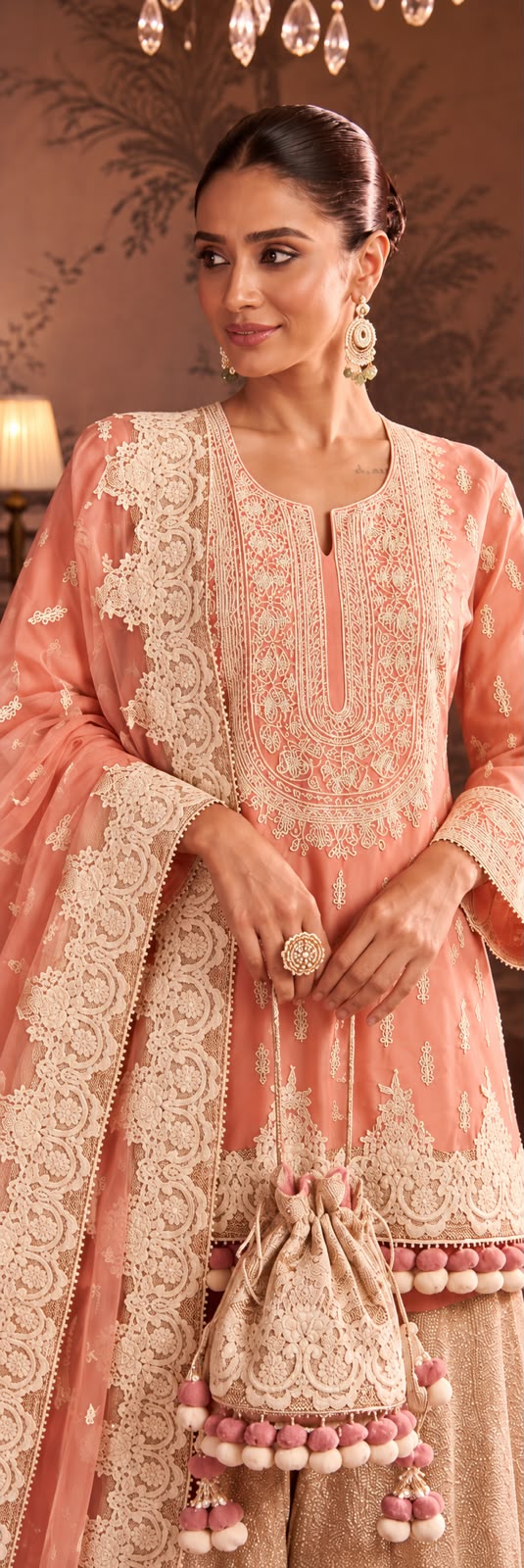 Peach Dori Short Kurti With Tissue Garara Set