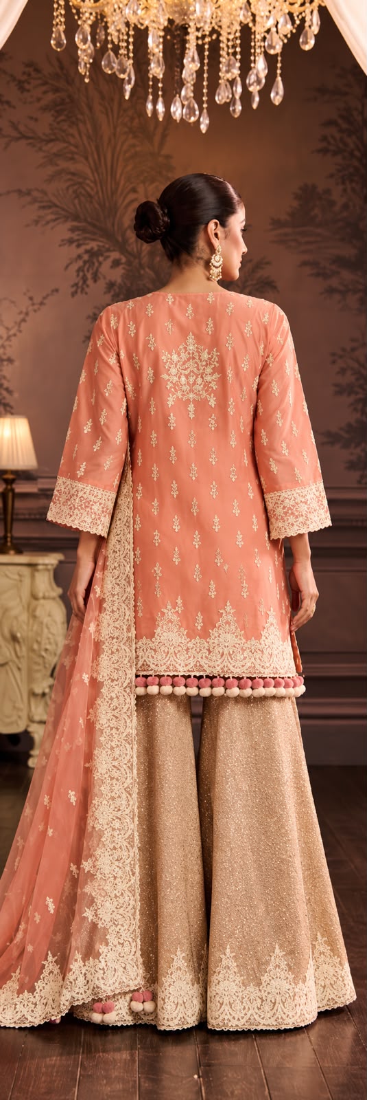 Peach Dori Short Kurti With Tissue Garara Set