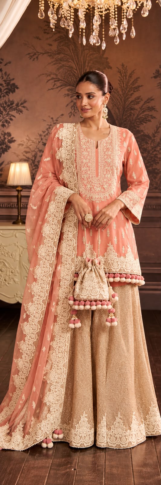 Peach Dori Short Kurti With Tissue Garara Set