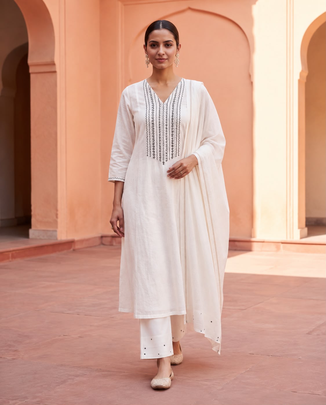 Ivory Kurta Set With An Embroidered Yoke