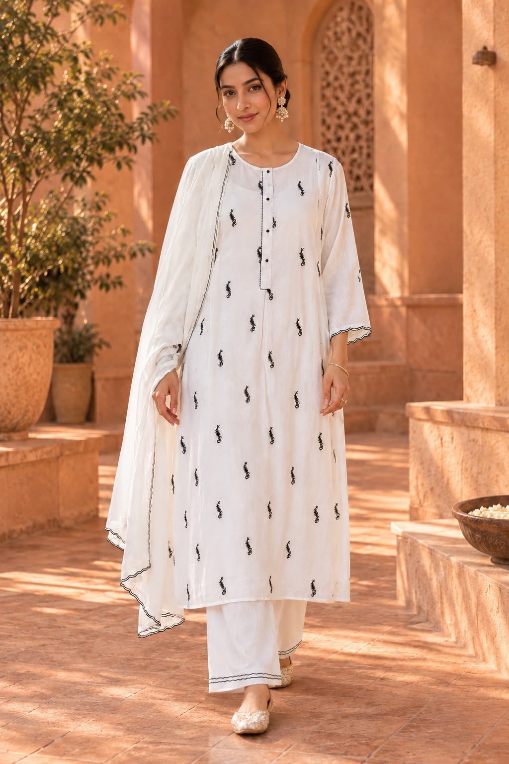 Ivory Kurta Set With Black Threadwork