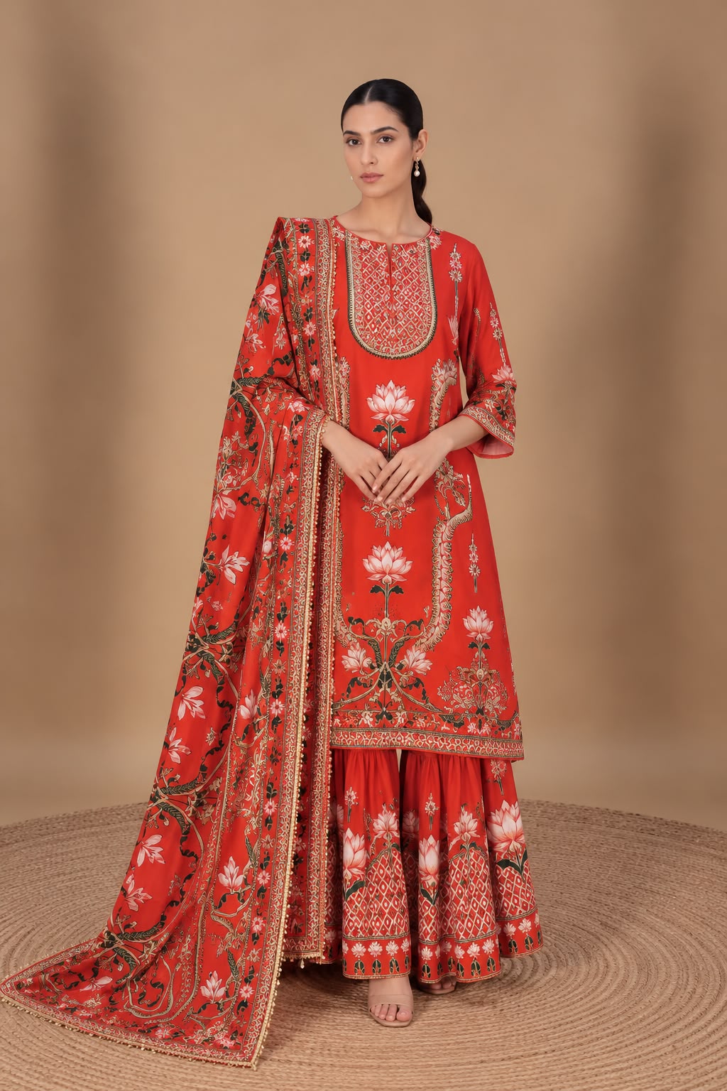 Orange Printed Sharara Set