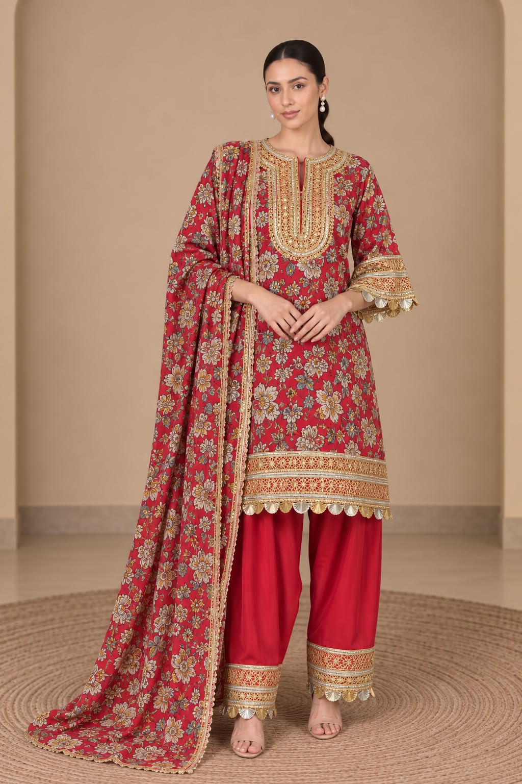 Red Floral Print Kurta Set