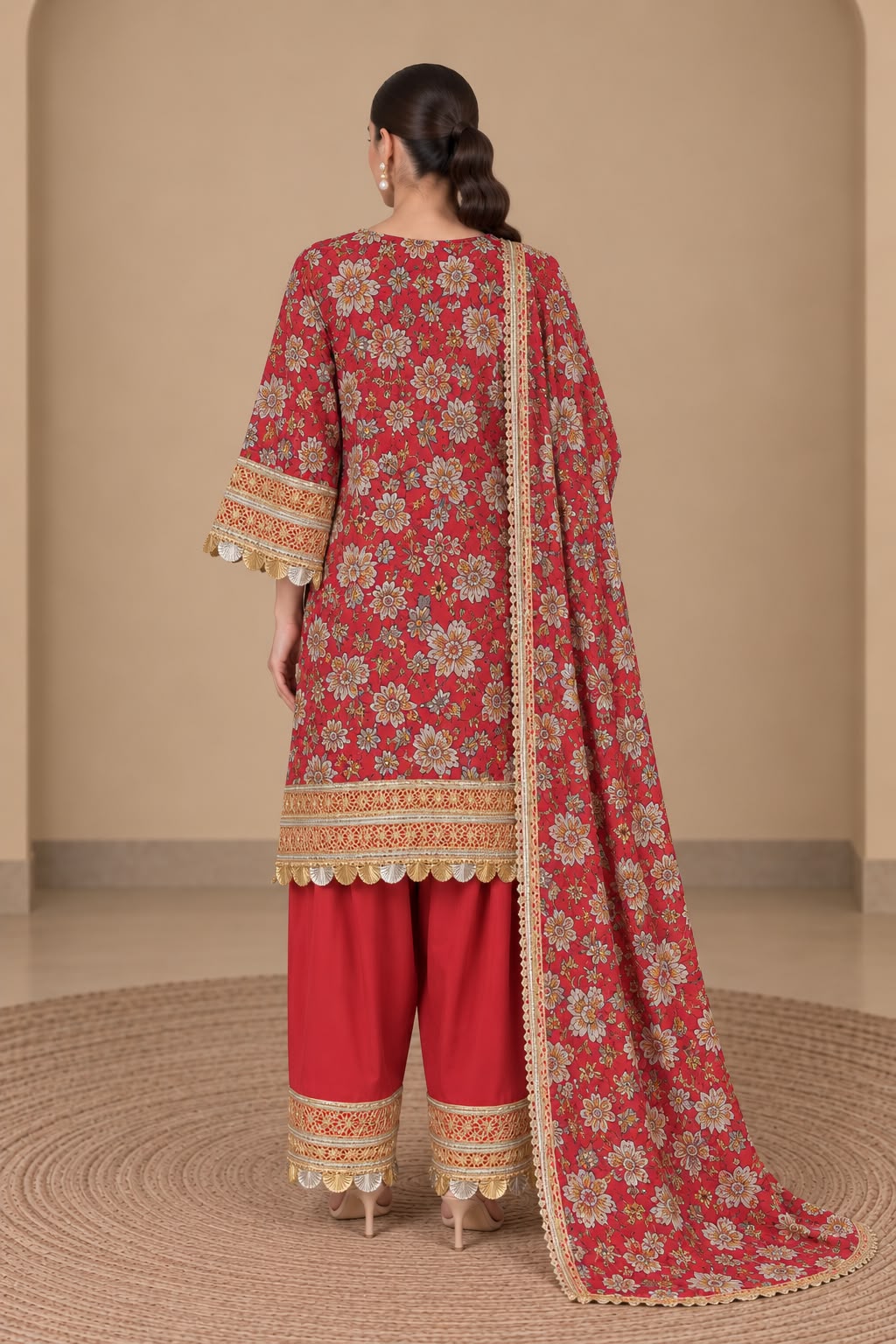 Red Floral Print Kurta Set
