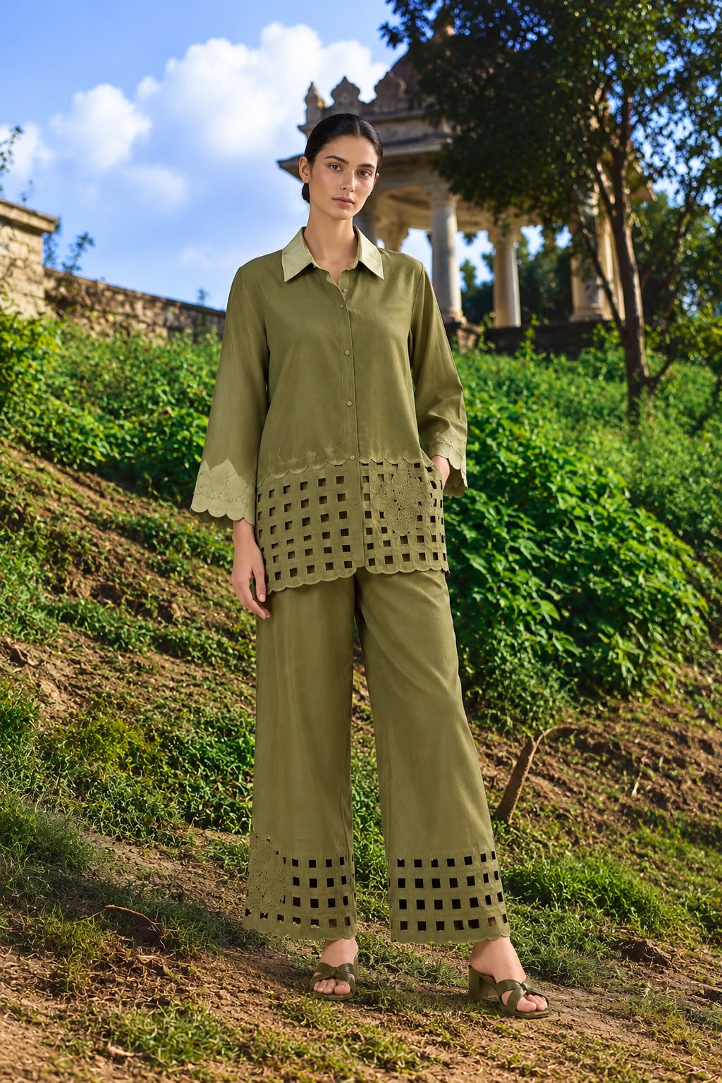 Pista  Green Cutwork Green Coord Set