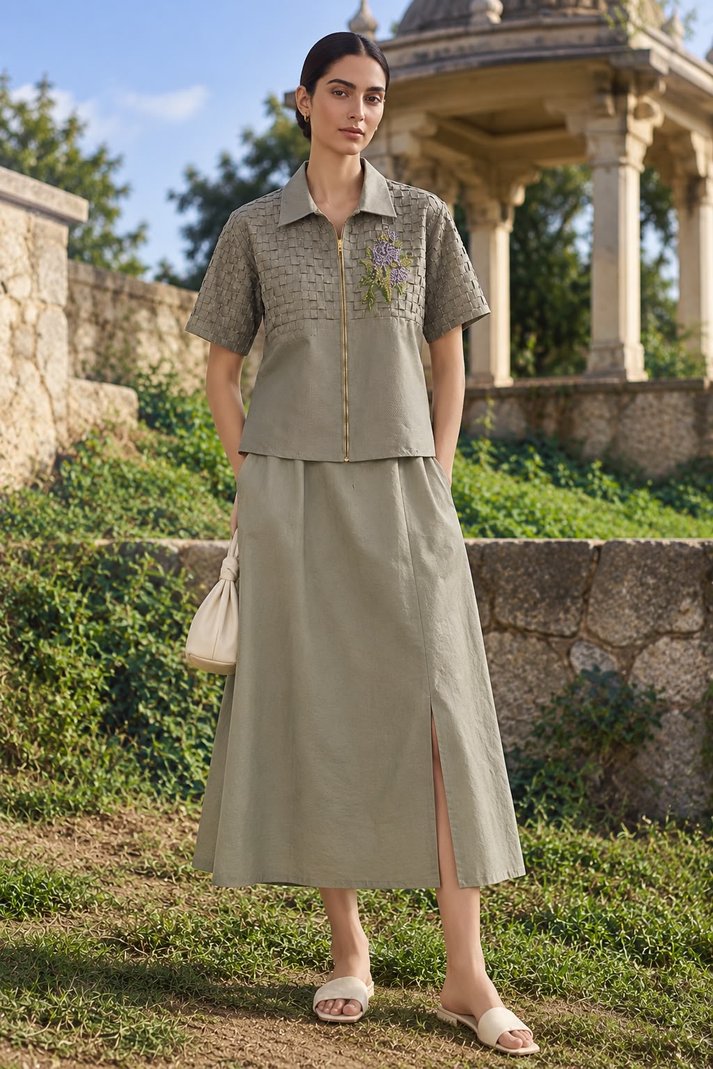 Interlaced Floral Collared Jacket In Pista Green