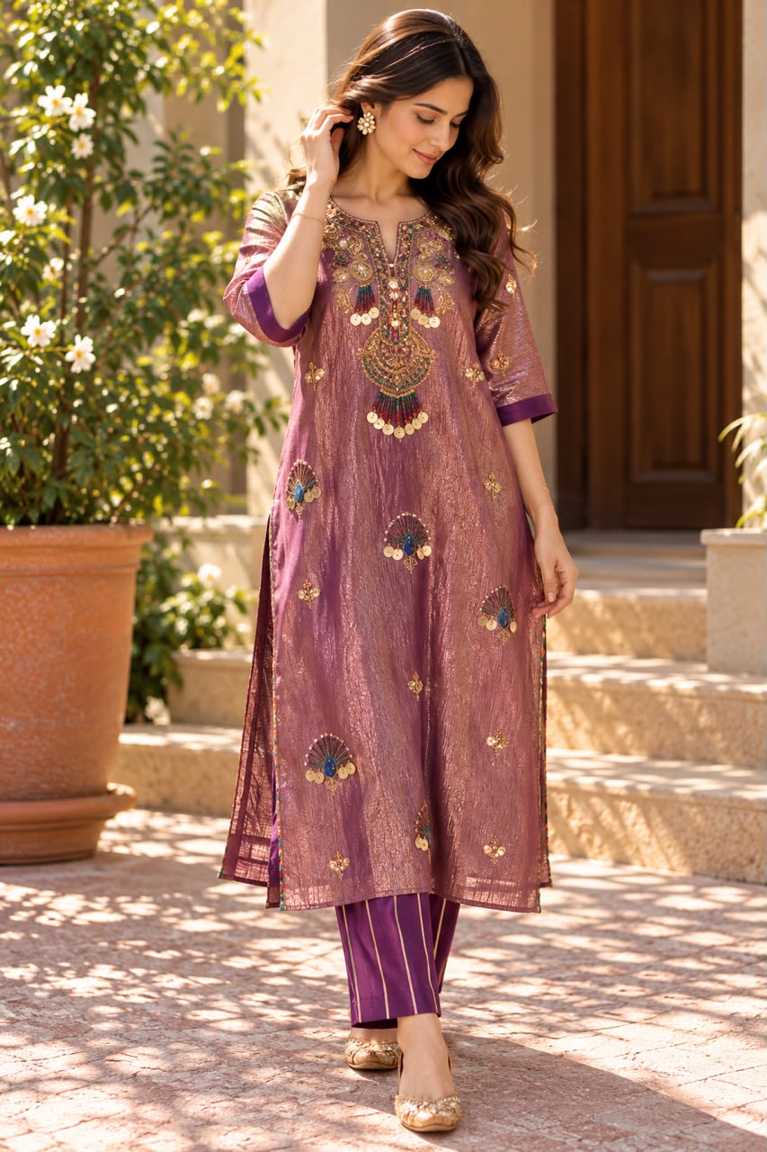 Crush Tissue organza Kaftaan set In Purple