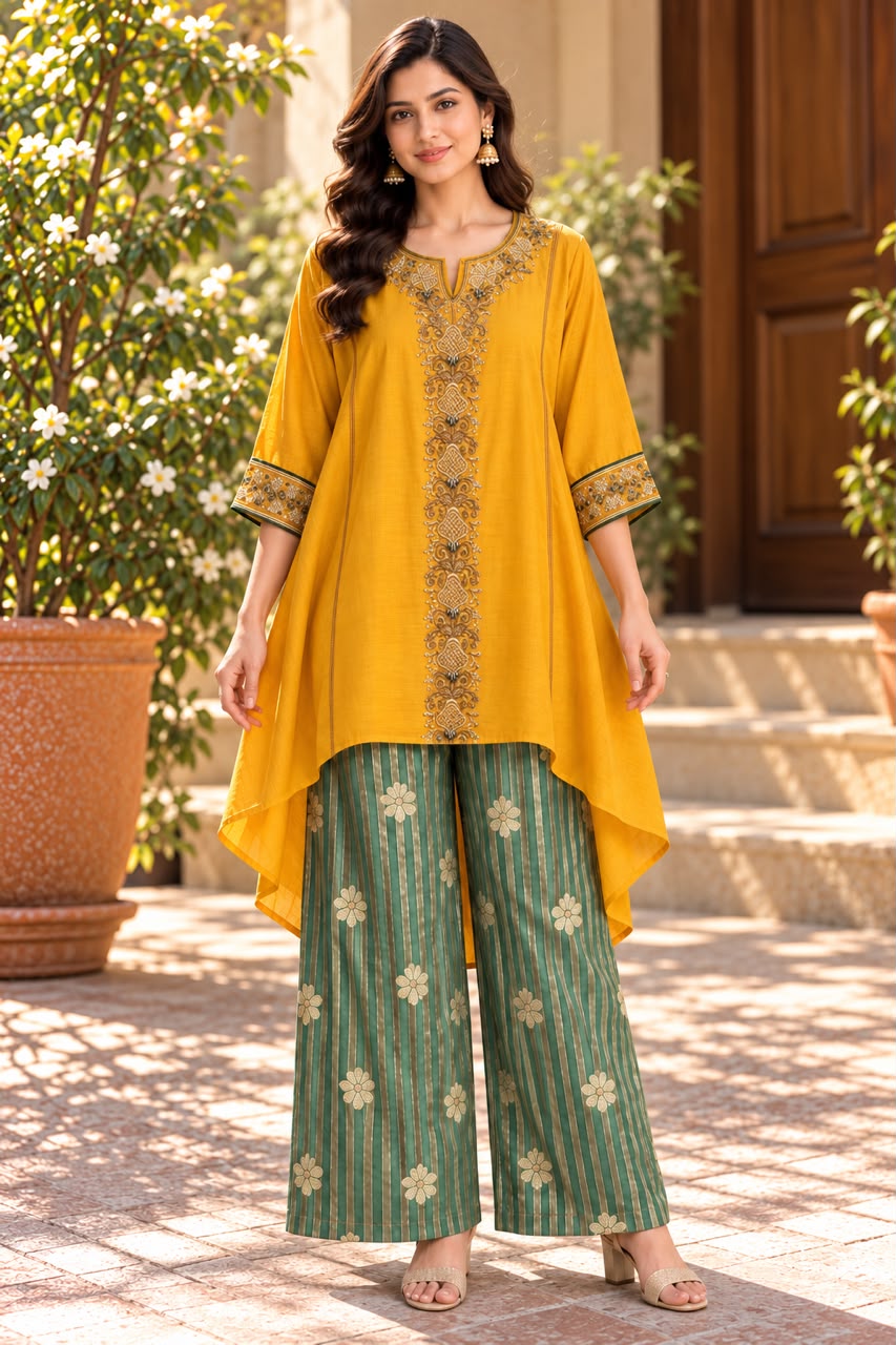 Yellow Short Kaftan Kurta Set