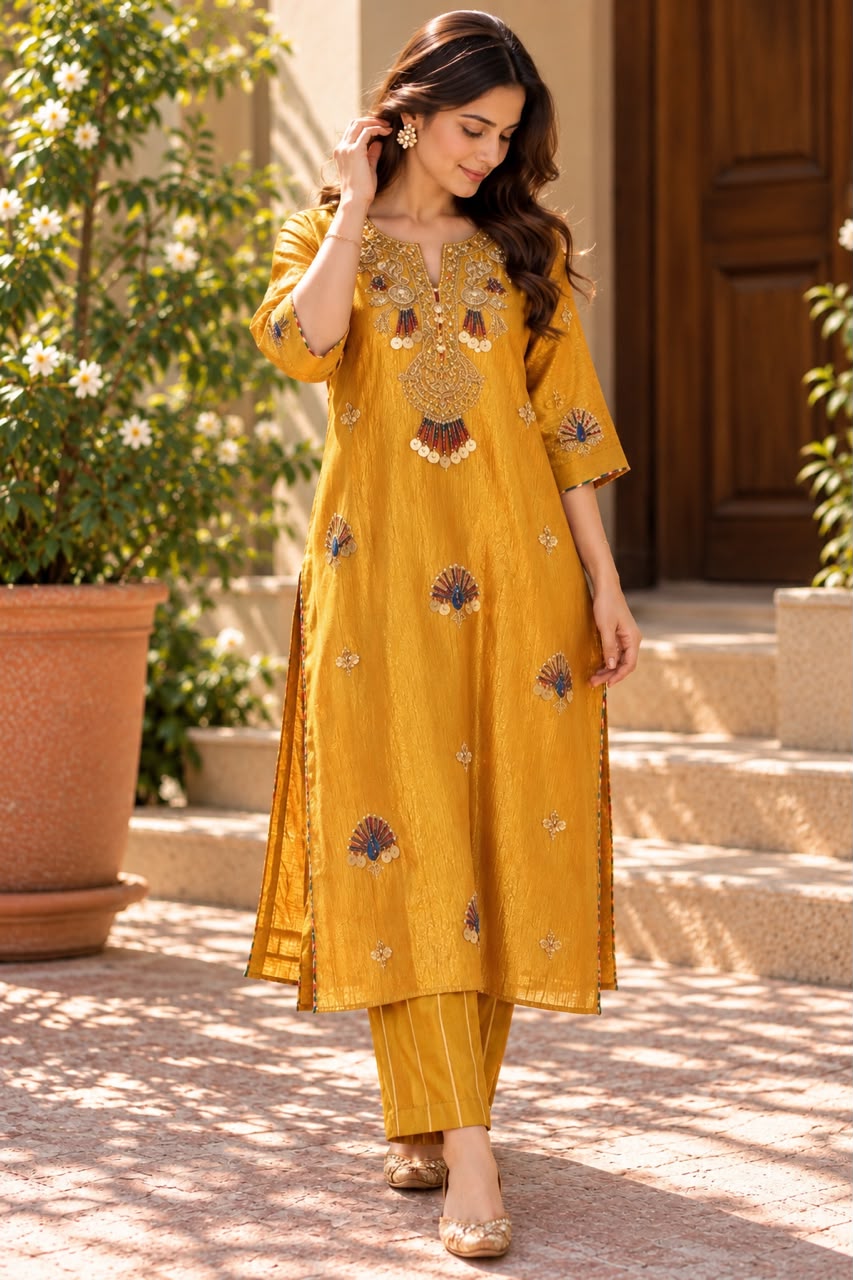 Yellow Embroidered Kaftan Set