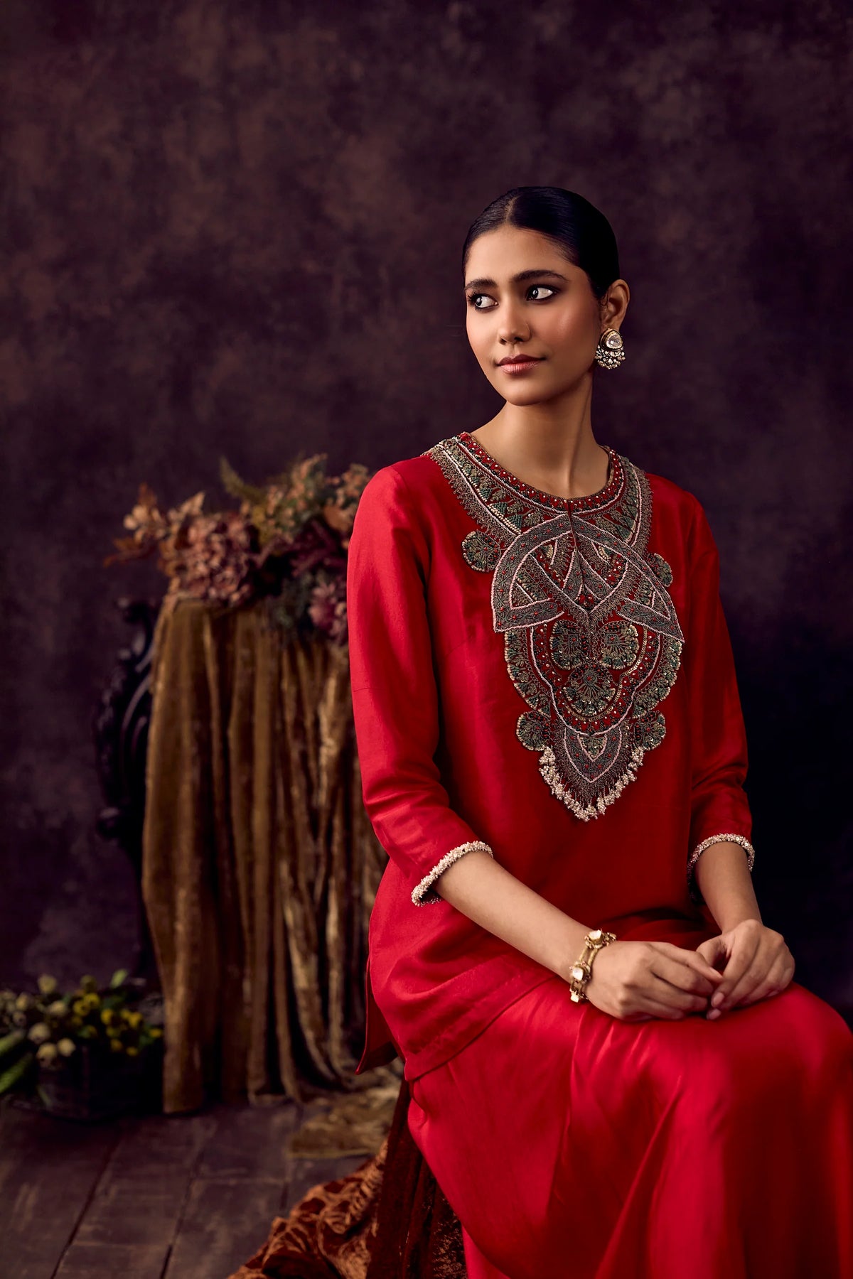 Red Draped Skirt Set