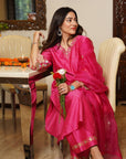 ANISHA SETHI IN RANI PINK SILK CHANDERI HANDCRAFTED KURTA SET