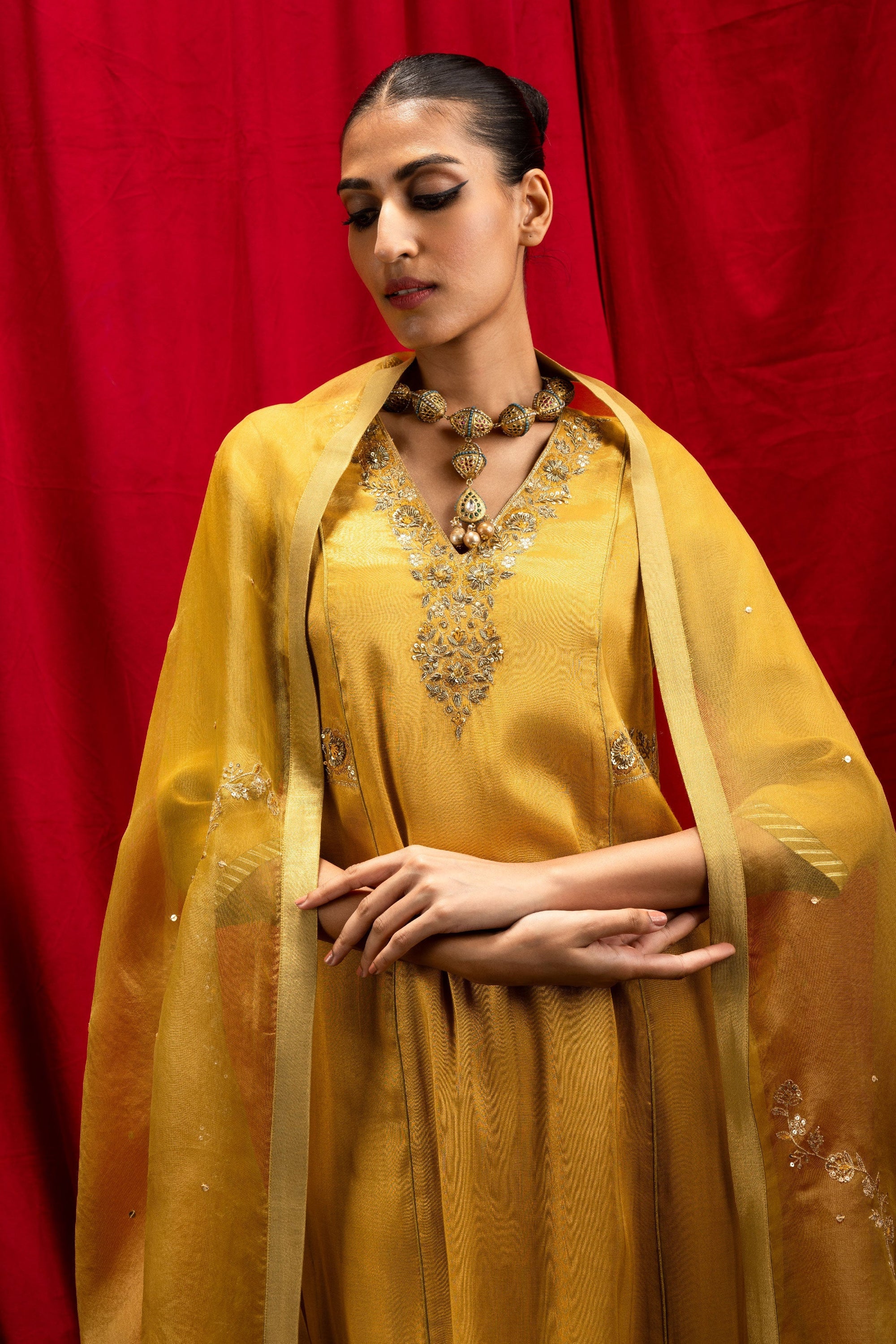 ANISHA SETHI IN SUHANI MUSTARD TISSUE HANDCRAFTED KURTA SET