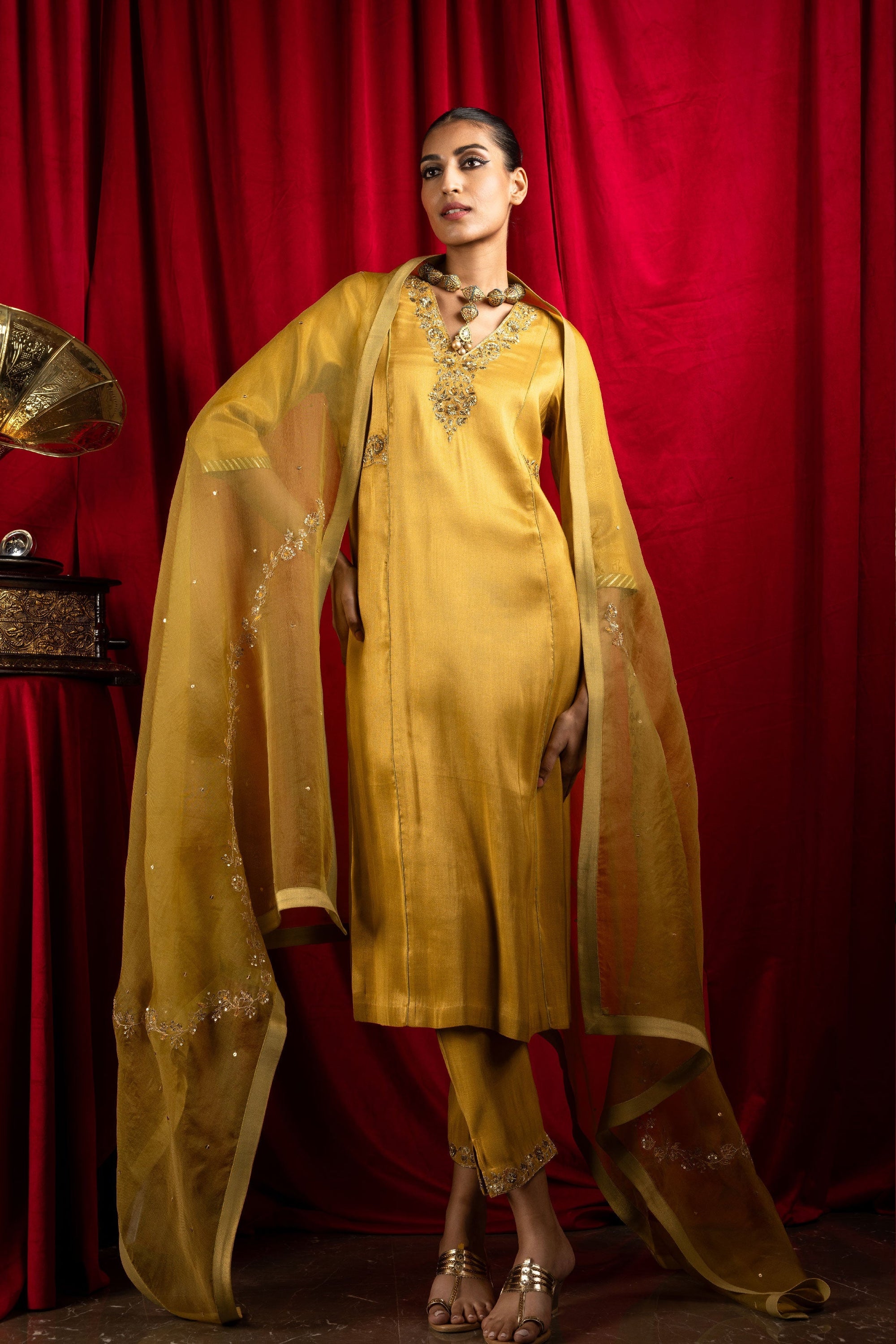 ANISHA SETHI IN SUHANI MUSTARD TISSUE HANDCRAFTED KURTA SET