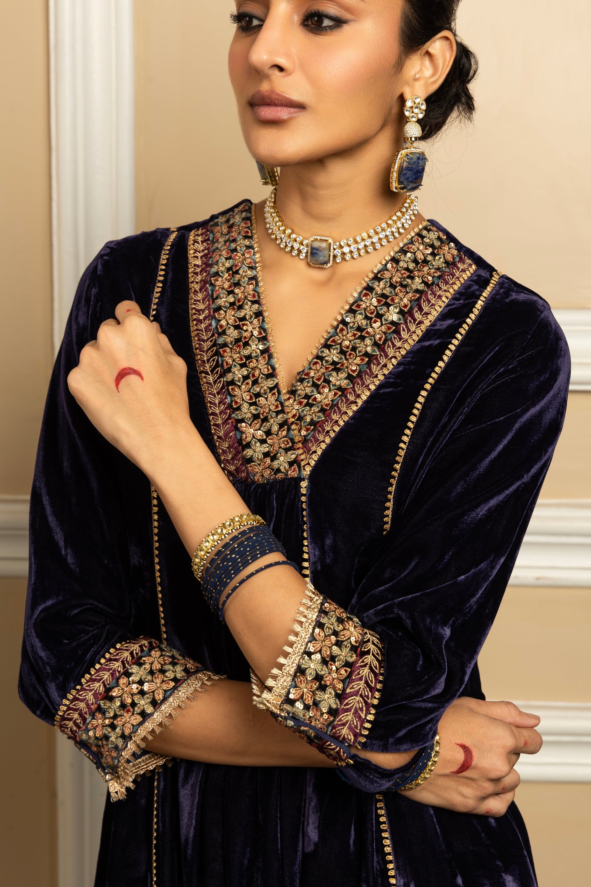 ANOKHI BLUE SILK VELVET HANDCRAFTED KURTA SET