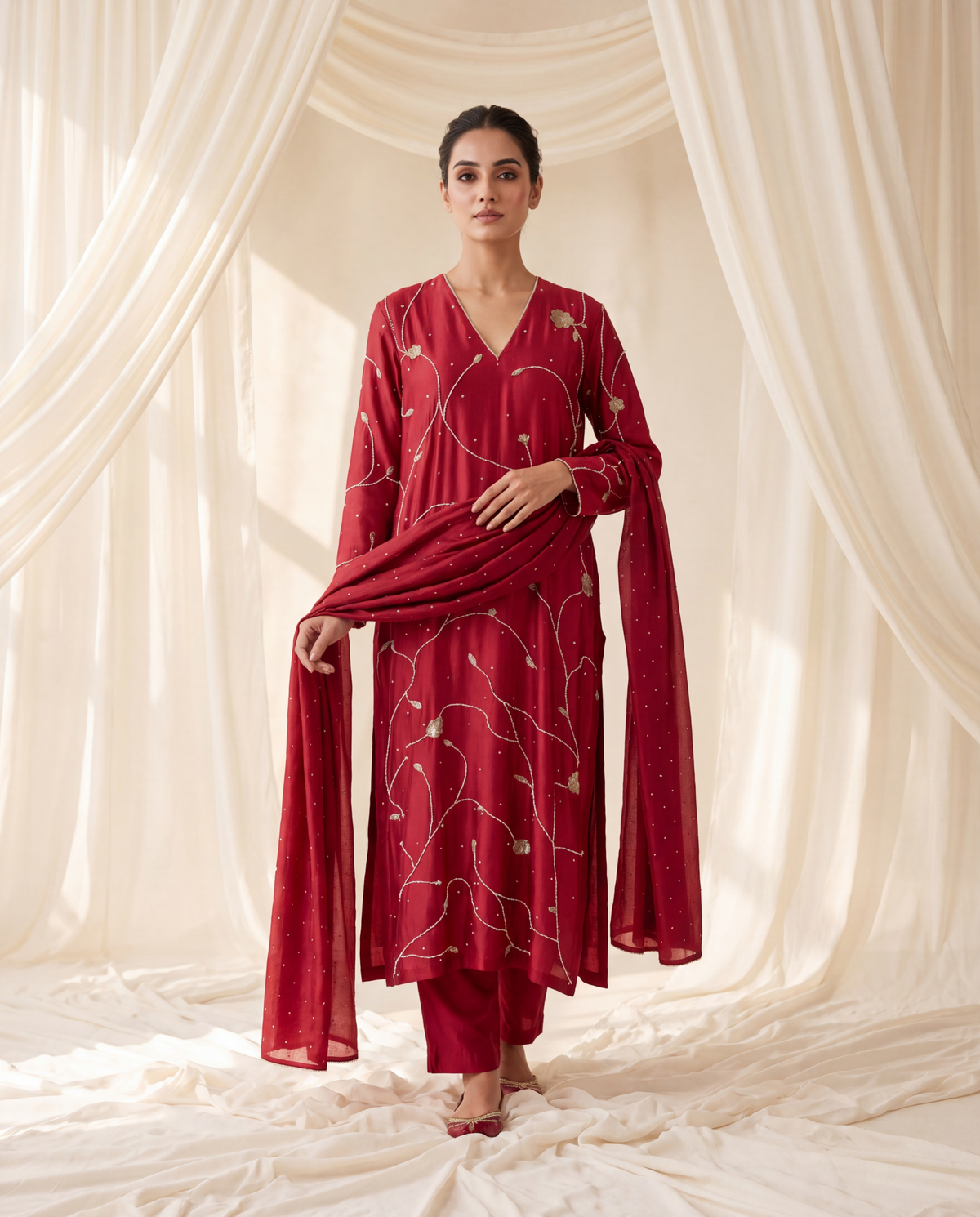 Red Jaal Kurta Set