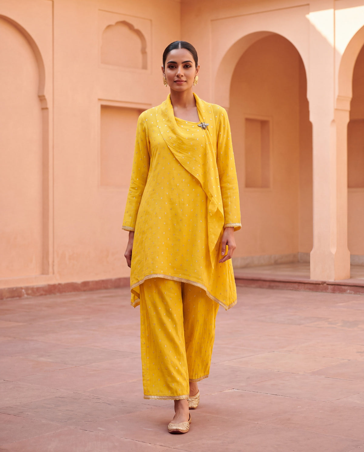 Yellow Silk Shawl Collar Draped Coord Set